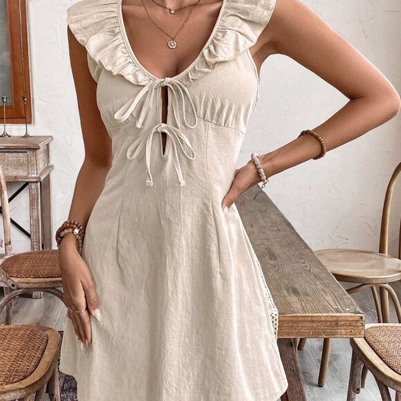 Apricot Casual Women's Old Money Style Solid Color Ruffled Sleeveless Dress - Picture 6 of 7